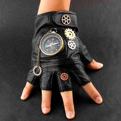 Steampunk Compass Gears Fingerless Real Leather Gloves - Frontier Punk