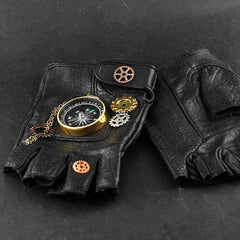 Steampunk Compass Gears Fingerless Real Leather Gloves - Frontier Punk