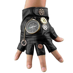 Steampunk Compass Gears Fingerless Real Leather Gloves - Frontier Punk