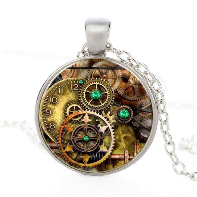 Retro Gears in Crystal Glass Pendant Necklace - Frontier Punk